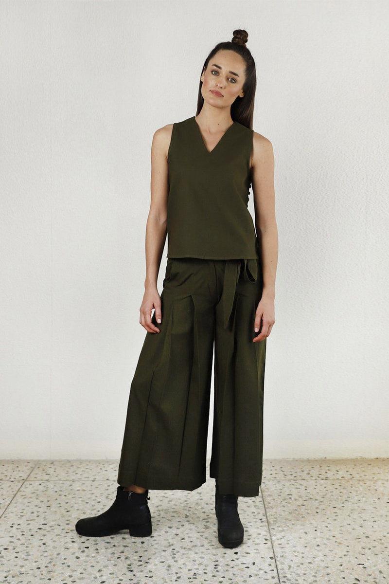 Moss olive double pleat pants Bottoms by Rias for women Worldwide