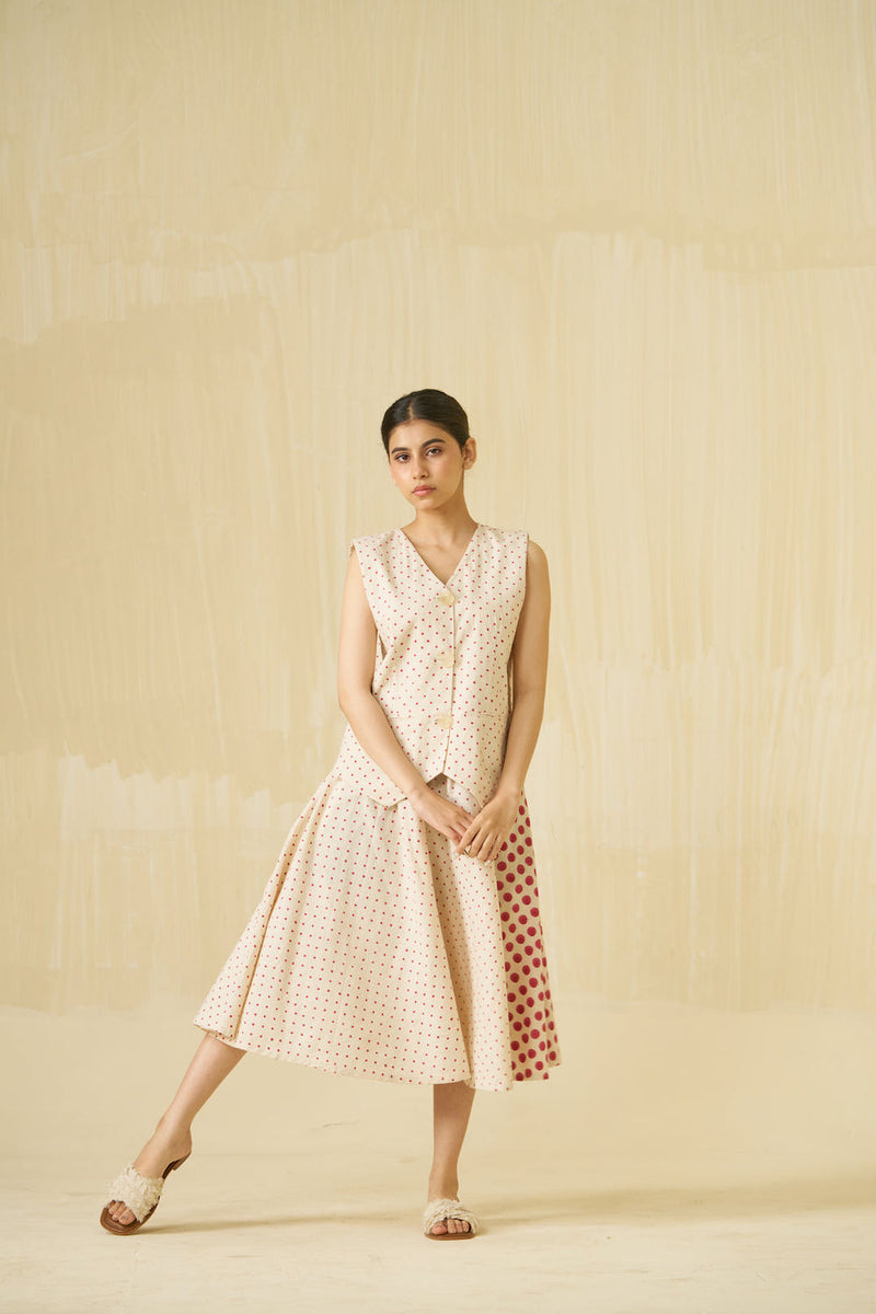 Muffin Skirt-Natural + Hibiscus red handwoven cotton skirt by Stoique in natural, hibiscus red for women Worldwide