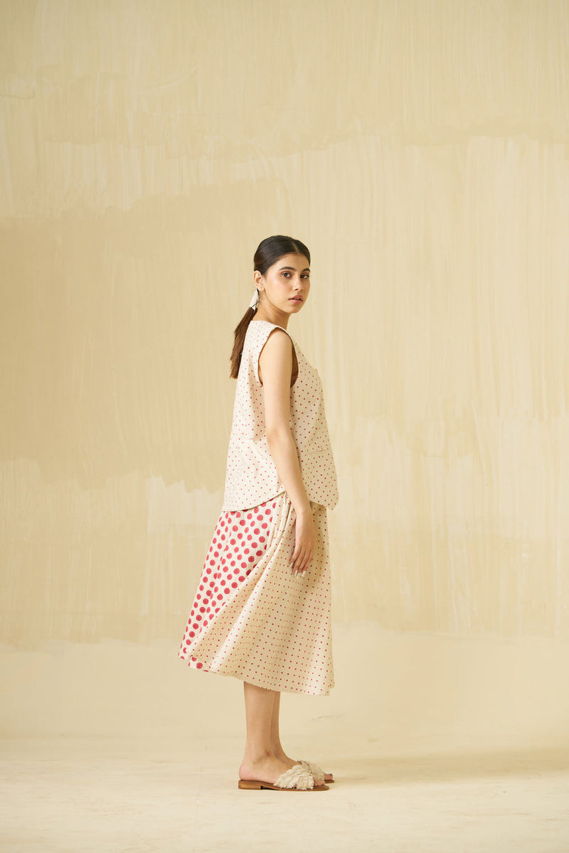 Muffin Skirt-Natural + Hibiscus red handwoven cotton skirt by Stoique in natural, hibiscus red for women Worldwide