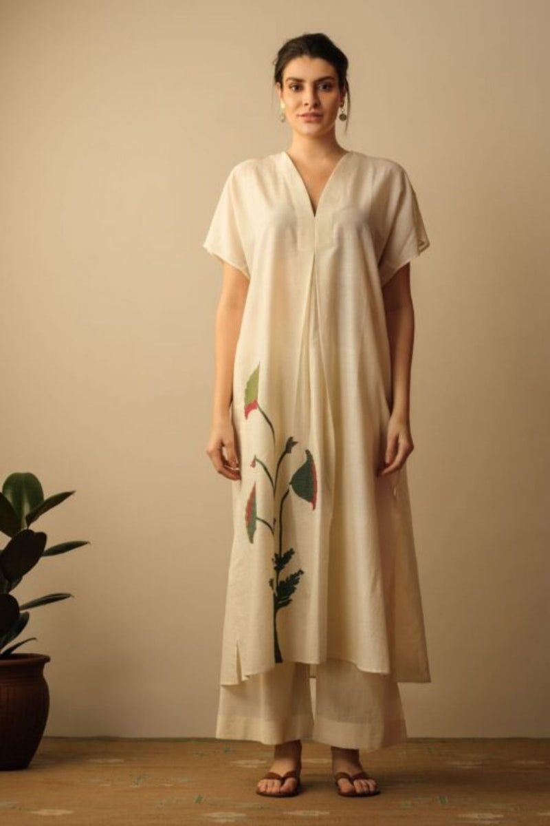 Mughal Poppy Flower Applique Kaftan Dress,Lounge Wear,Top & Tunics by Mallika Mathur in white color for women Worldwide