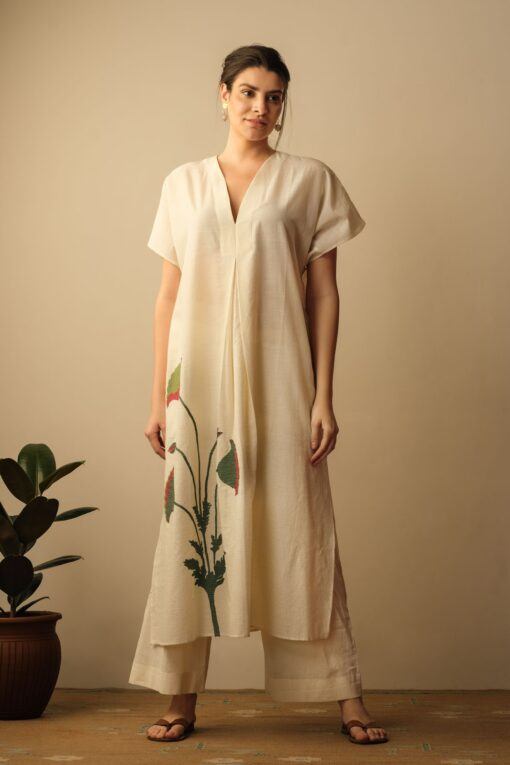 Mughal Poppy Flower Applique Kaftan Dress,Lounge Wear,Top & Tunics by Mallika Mathur in white color for women Worldwide