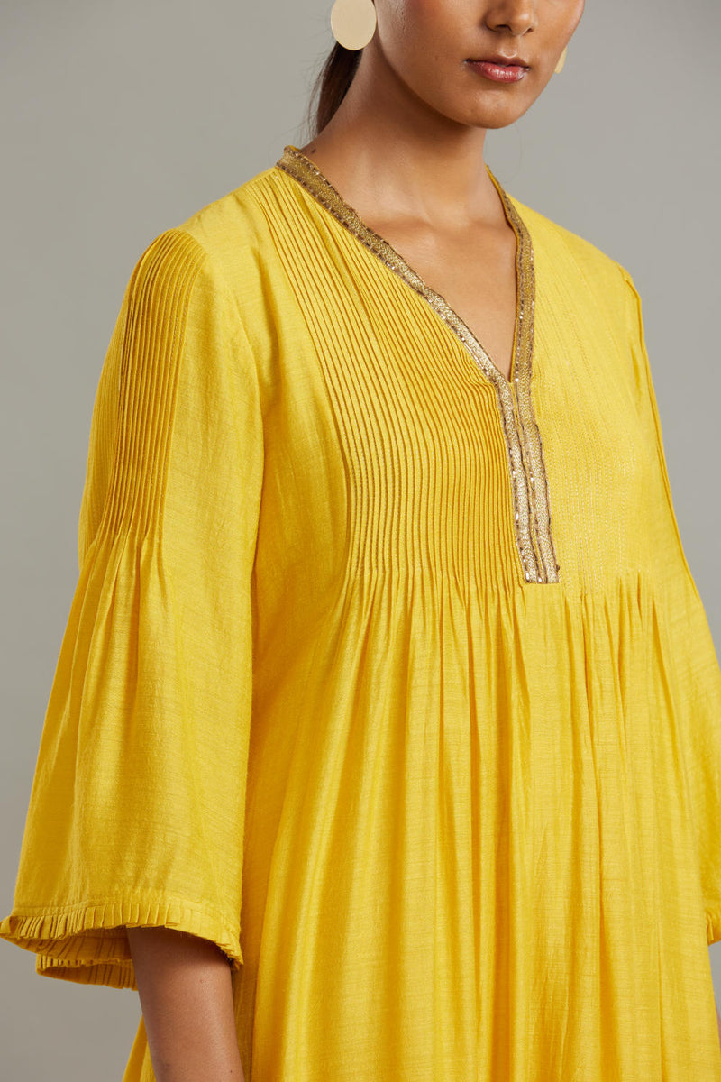 Munga Silk Pintuck full length kurta with embroidered neck and hem with solid pants and butti dupatta Kurta Sets by Myoho for women Worldwide