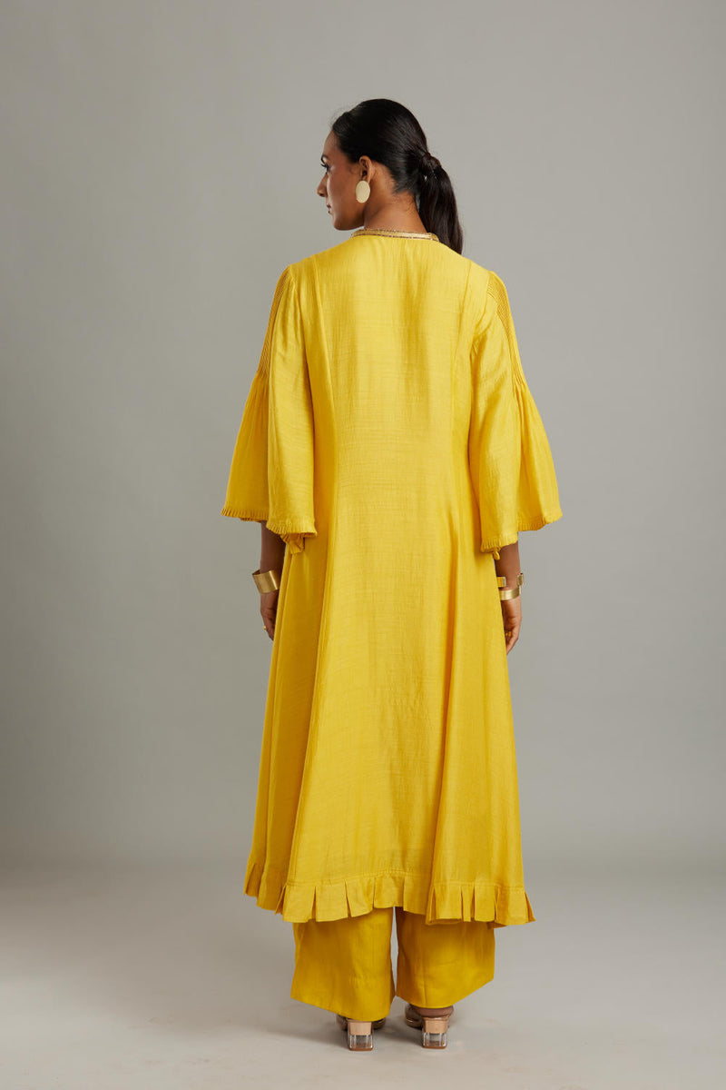 Munga Silk Pintuck full length kurta with embroidered neck and hem with solid pants and butti dupatta Kurta Sets by Myoho for women Worldwide