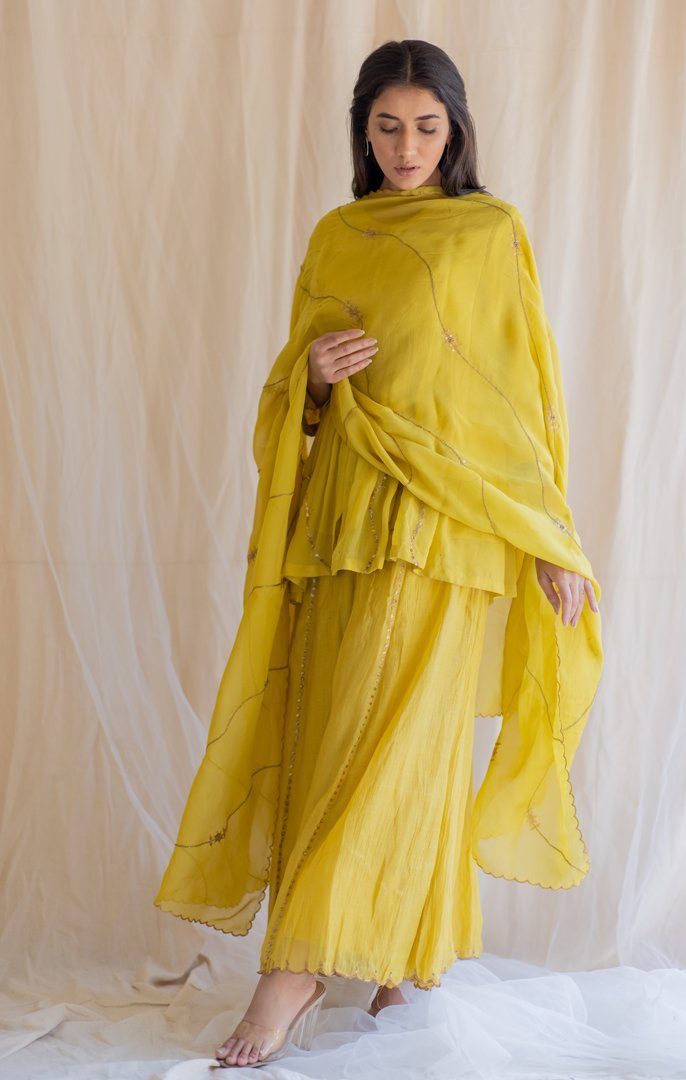 Mustard Nayab Gharara Set by Nirjara for women Worldwide