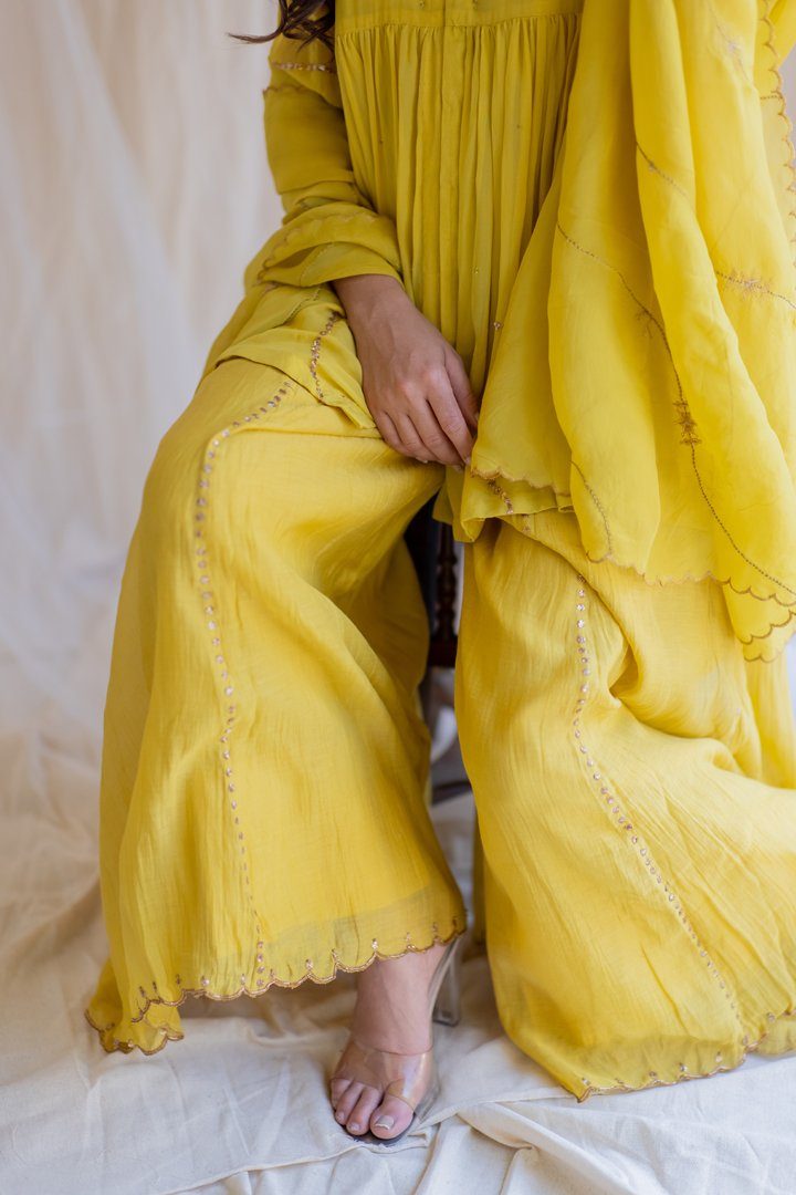 Mustard Nayab Gharara Set by Nirjara for women Worldwide