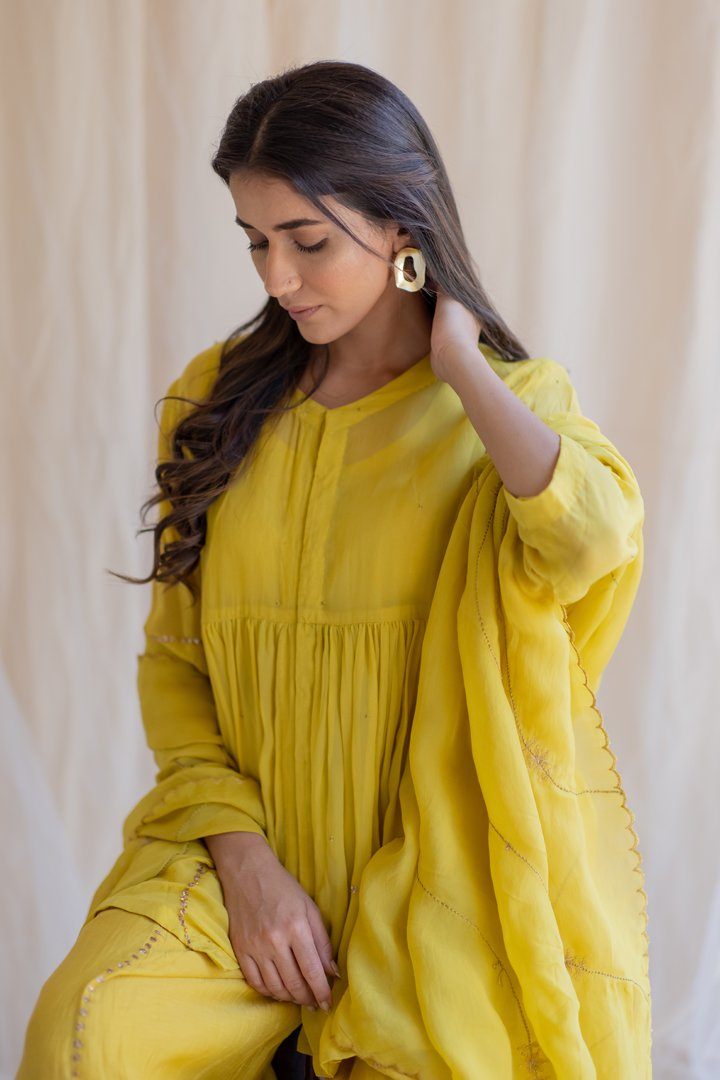 Mustard Nayab Gharara Set by Nirjara for women Worldwide