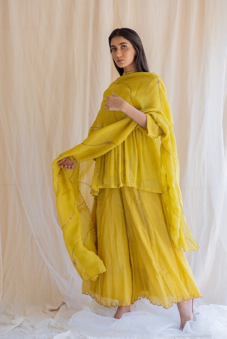 Mustard Nayab Gharara Set by Nirjara for women Worldwide