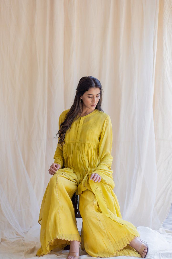 Mustard Nayab Gharara Set by Nirjara for women Worldwide