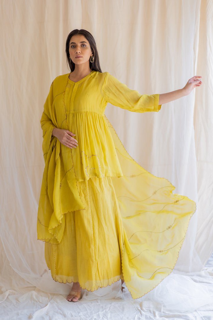Mustard Nayab Gharara Set by Nirjara for women Worldwide