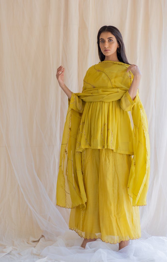 Mustard Nayab Gharara Set by Nirjara for women Worldwide