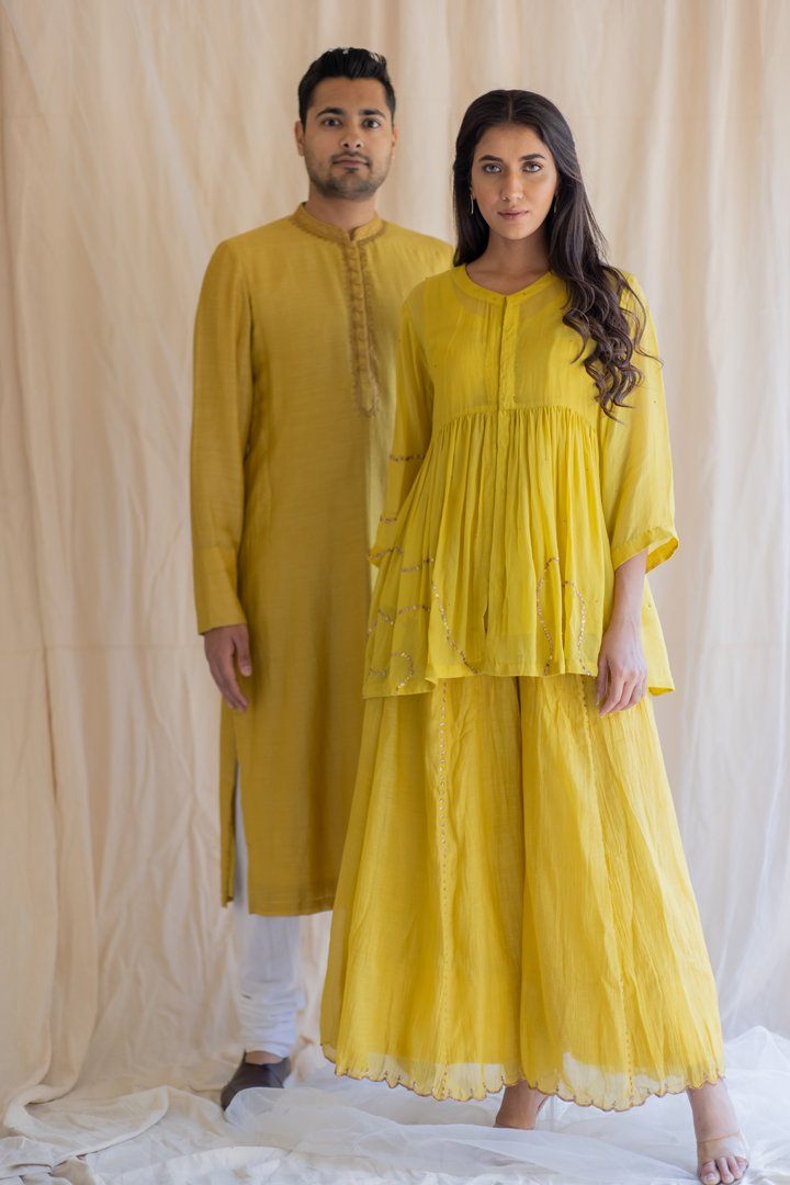 Mustard Nayab Gharara Set by Nirjara for women Worldwide