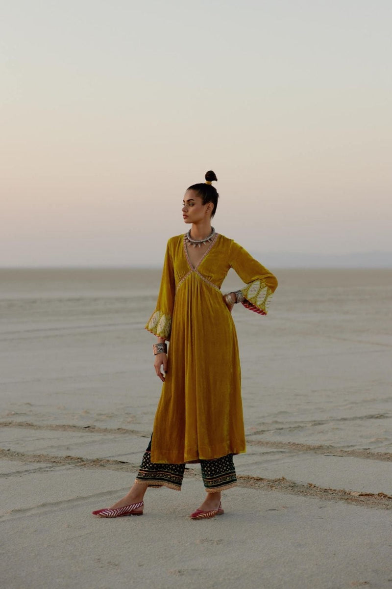 MUSTARD YELLOW BELL SLEEVE SILK VELVET KURTA SET Kurta Sets by Rajiramniq for women Worldwide
