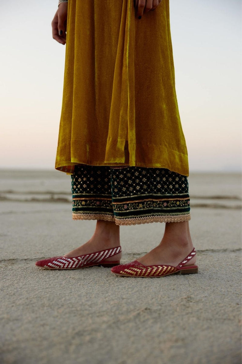 MUSTARD YELLOW BELL SLEEVE SILK VELVET KURTA SET Kurta Sets by Rajiramniq for women Worldwide