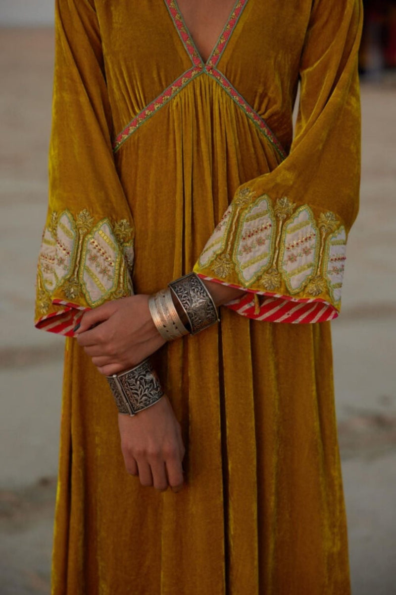 MUSTARD YELLOW BELL SLEEVE SILK VELVET KURTA SET Kurta Sets by Rajiramniq for women Worldwide