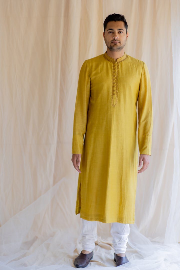 Mustard Yellow Nawab Kurta by Nirjara Men for men Worldwide