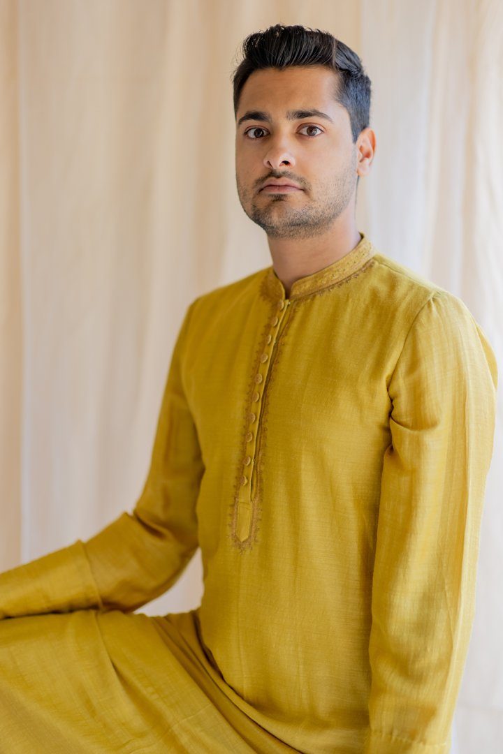 Mustard Yellow Nawab Kurta by Nirjara Men for men Worldwide