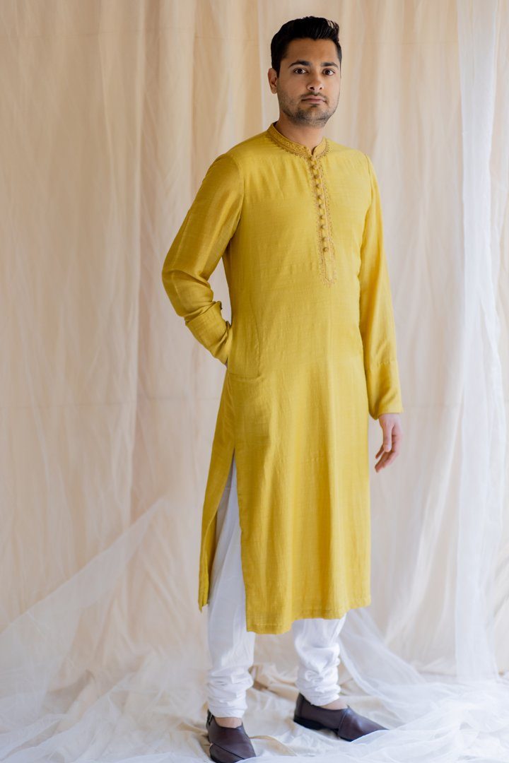 Mustard Yellow Nawab Kurta by Nirjara Men for men Worldwide