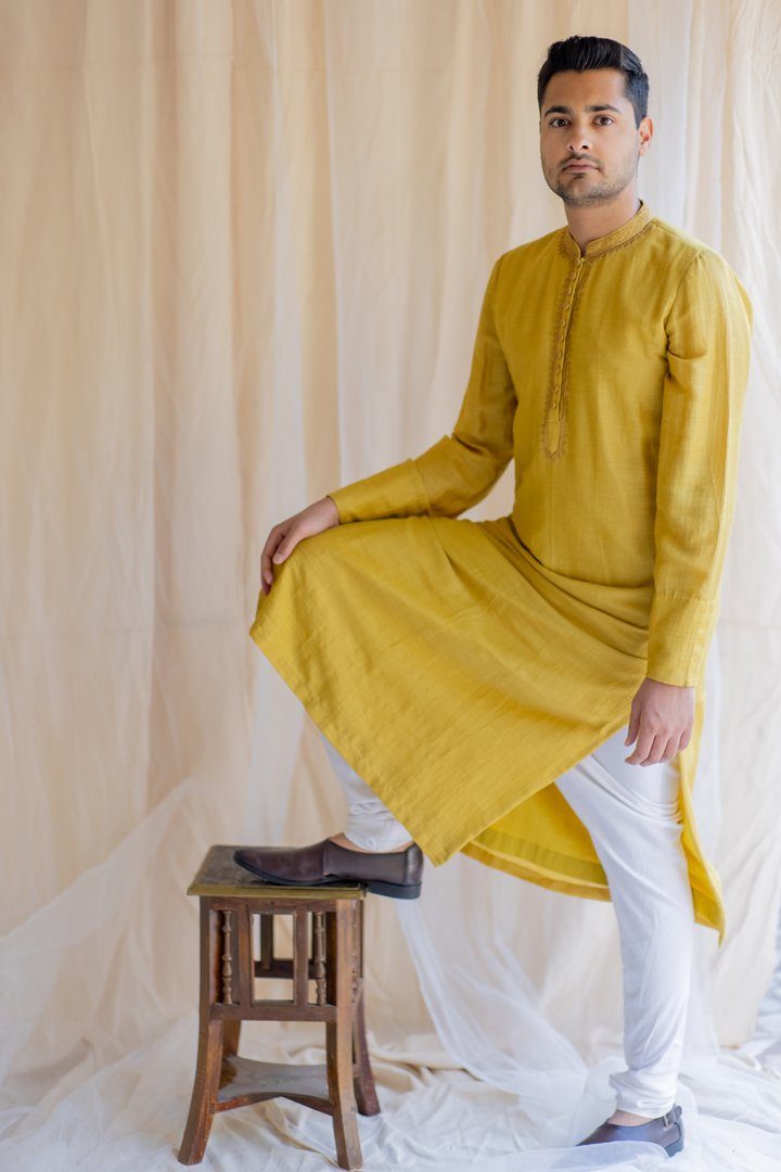 Mustard Yellow Nawab Kurta by Nirjara Men for men Worldwide