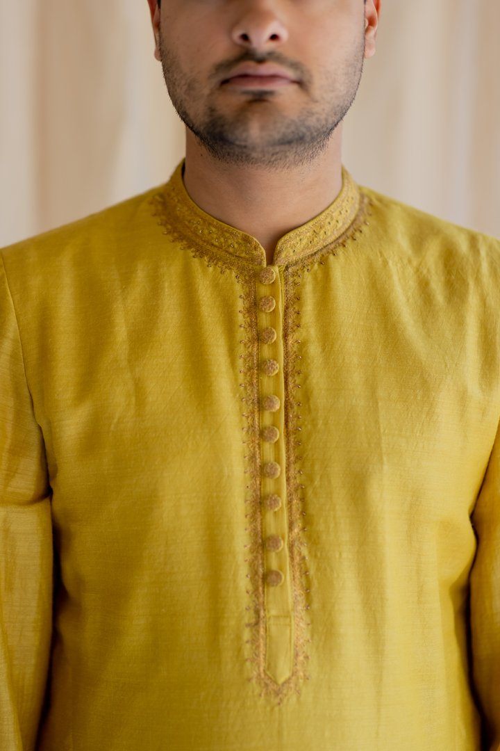 Mustard Yellow Nawab Kurta by Nirjara Men for men Worldwide