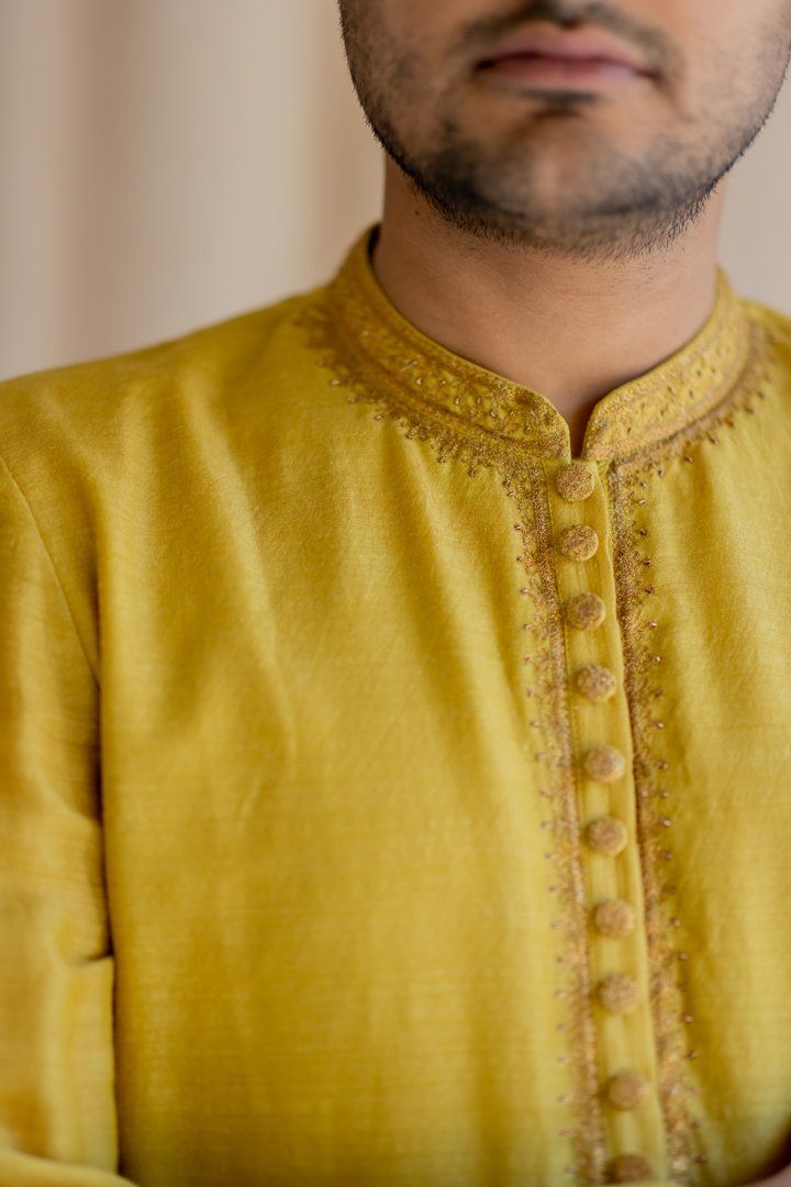 Mustard Yellow Nawab Kurta by Nirjara Men for men Worldwide