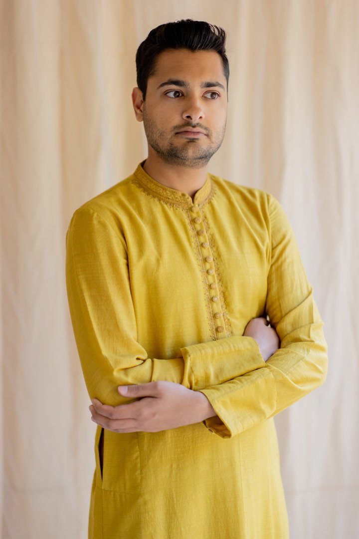 Mustard Yellow Nawab Kurta by Nirjara Men for men Worldwide