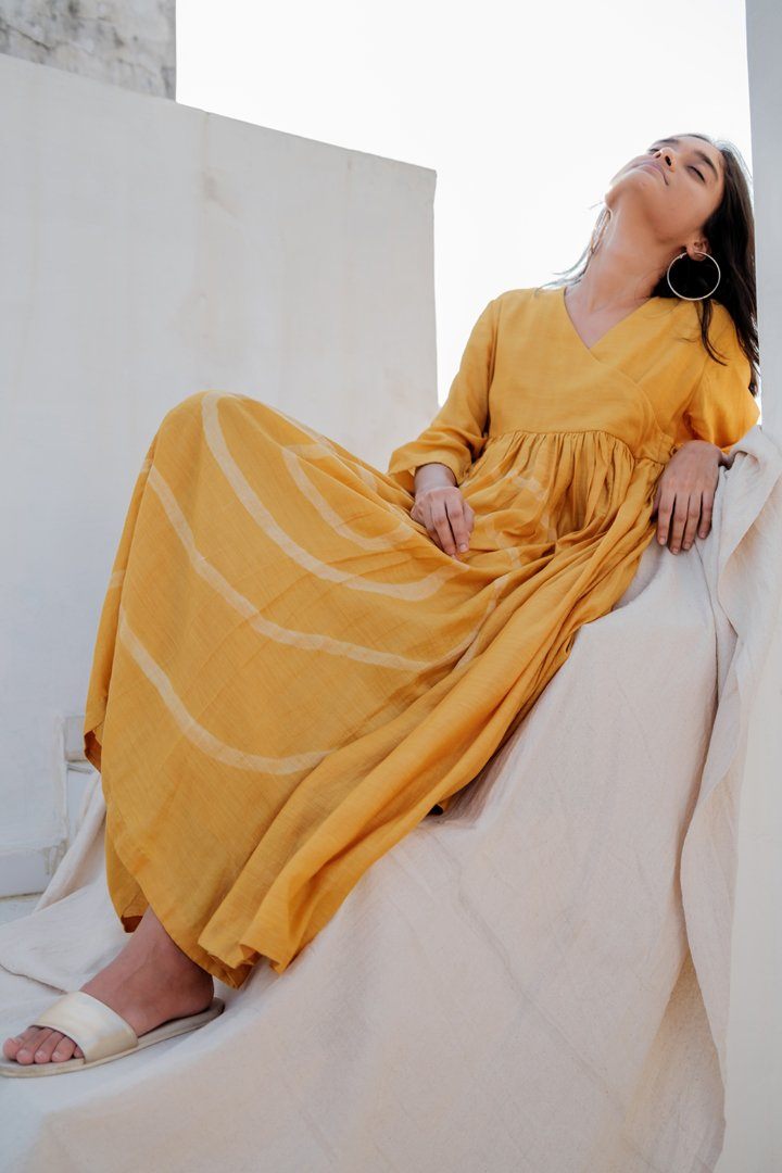 Mustard Yer Angarkha Dress Dress by Nirjara for women Worldwide