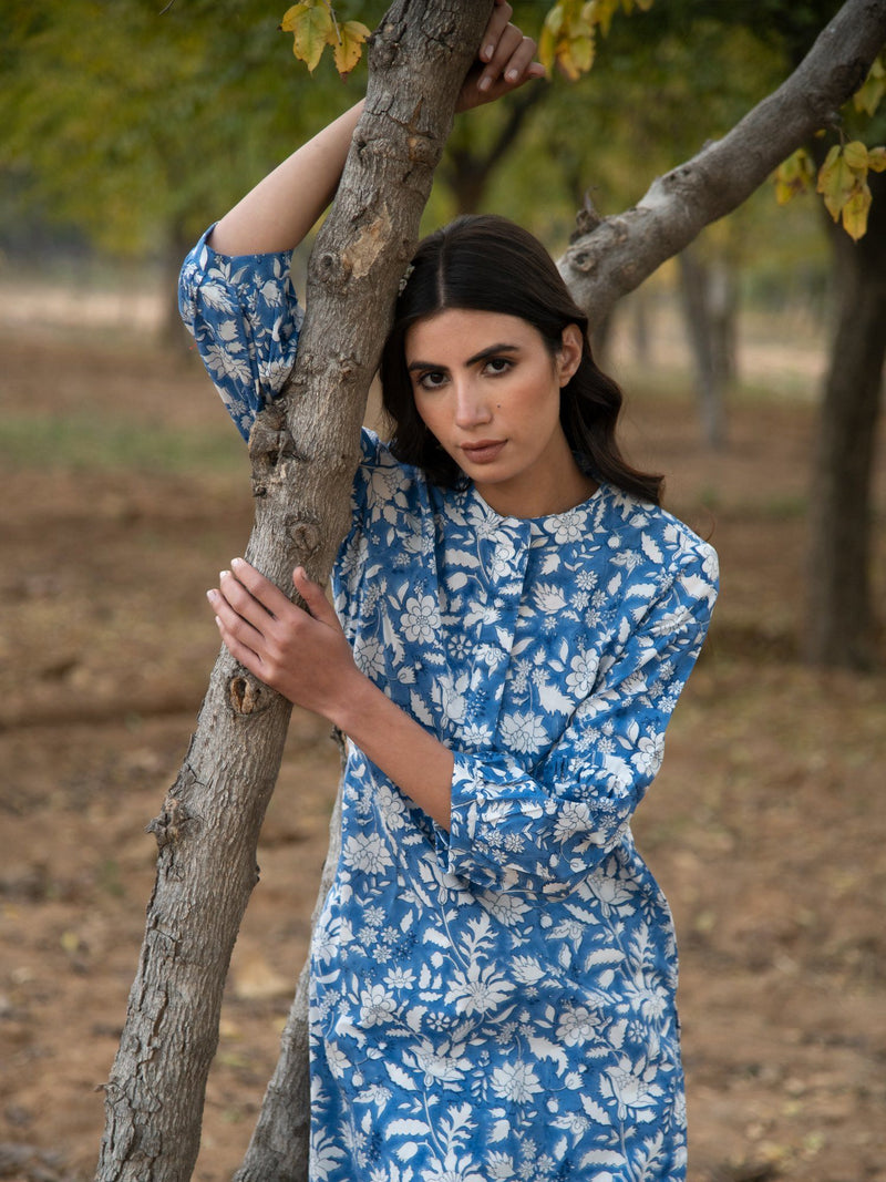 No more blues kurta set- Blue Hand Block Printed Cotton Kurta with White Crushed Pants by Marche for women Worldwide