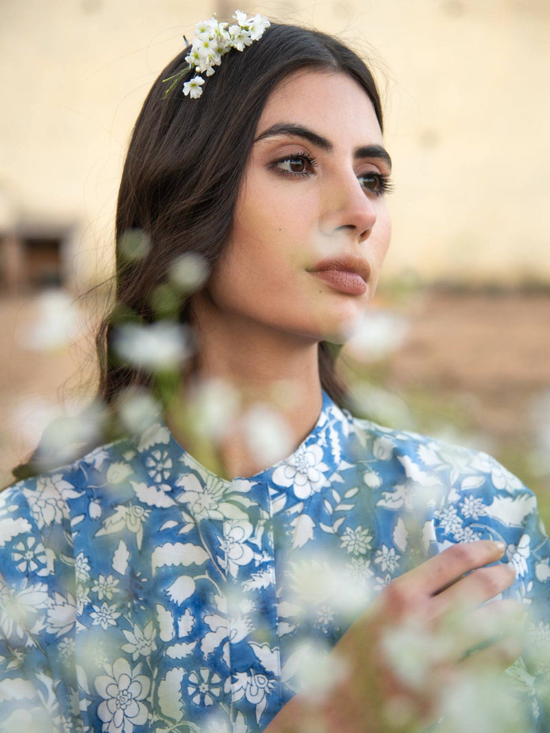 No more blues kurta set- Blue Hand Block Printed Cotton Kurta with White Crushed Pants by Marche for women Worldwide