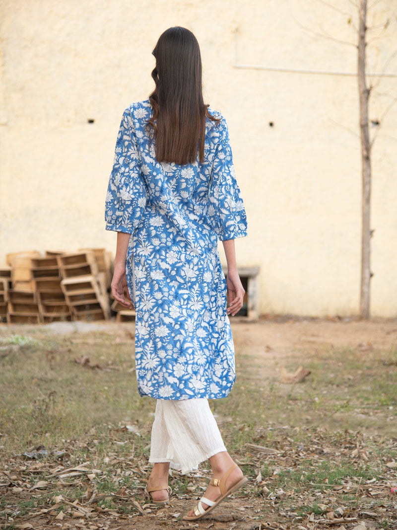 No more blues kurta set- Blue Hand Block Printed Cotton Kurta with White Crushed Pants by Marche for women Worldwide