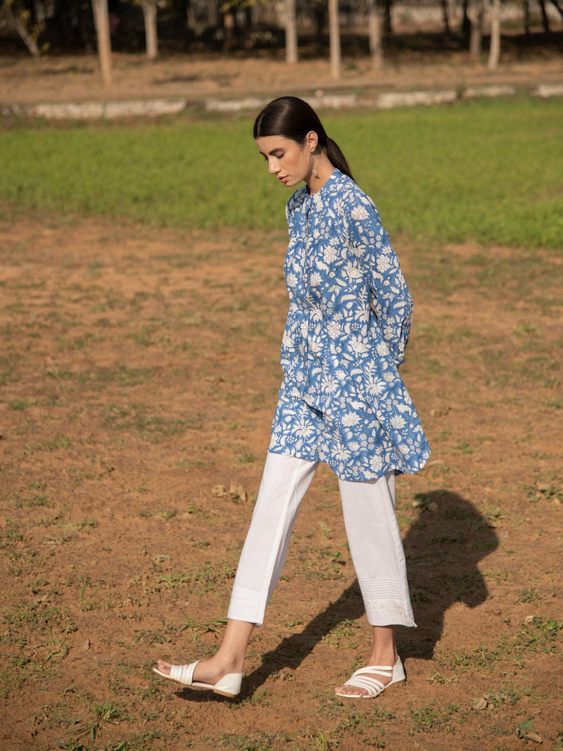 No More Blues Tunic- Blue Hand Block Printed Cotton Tunic Top by Marche for women Worldwide