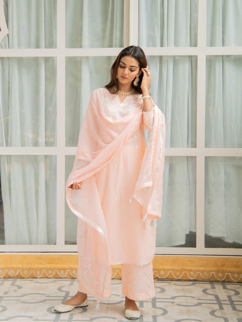 Noor Amaltas - Peach Gota Mirror Work Set Kurta Sets by Maison Shefali for women Worldwide