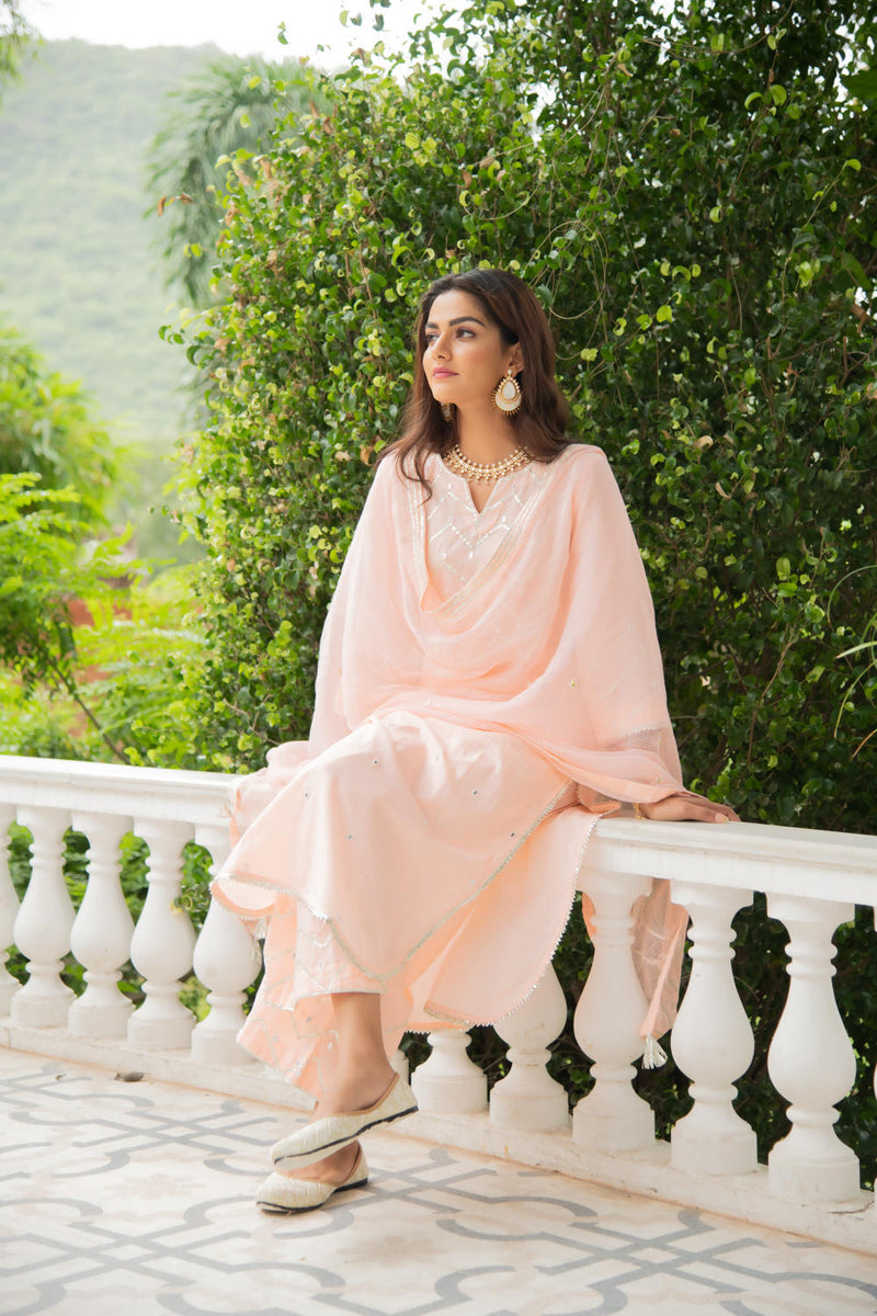 Noor Amaltas - Peach Gota Mirror Work Set Kurta Sets by Maison Shefali for women Worldwide