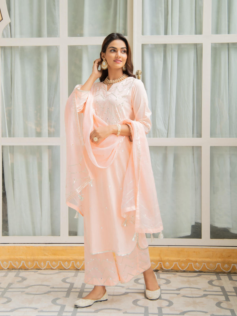 Noor Amaltas - Peach Gota Mirror Work Set Kurta Sets by Maison Shefali for women Worldwide