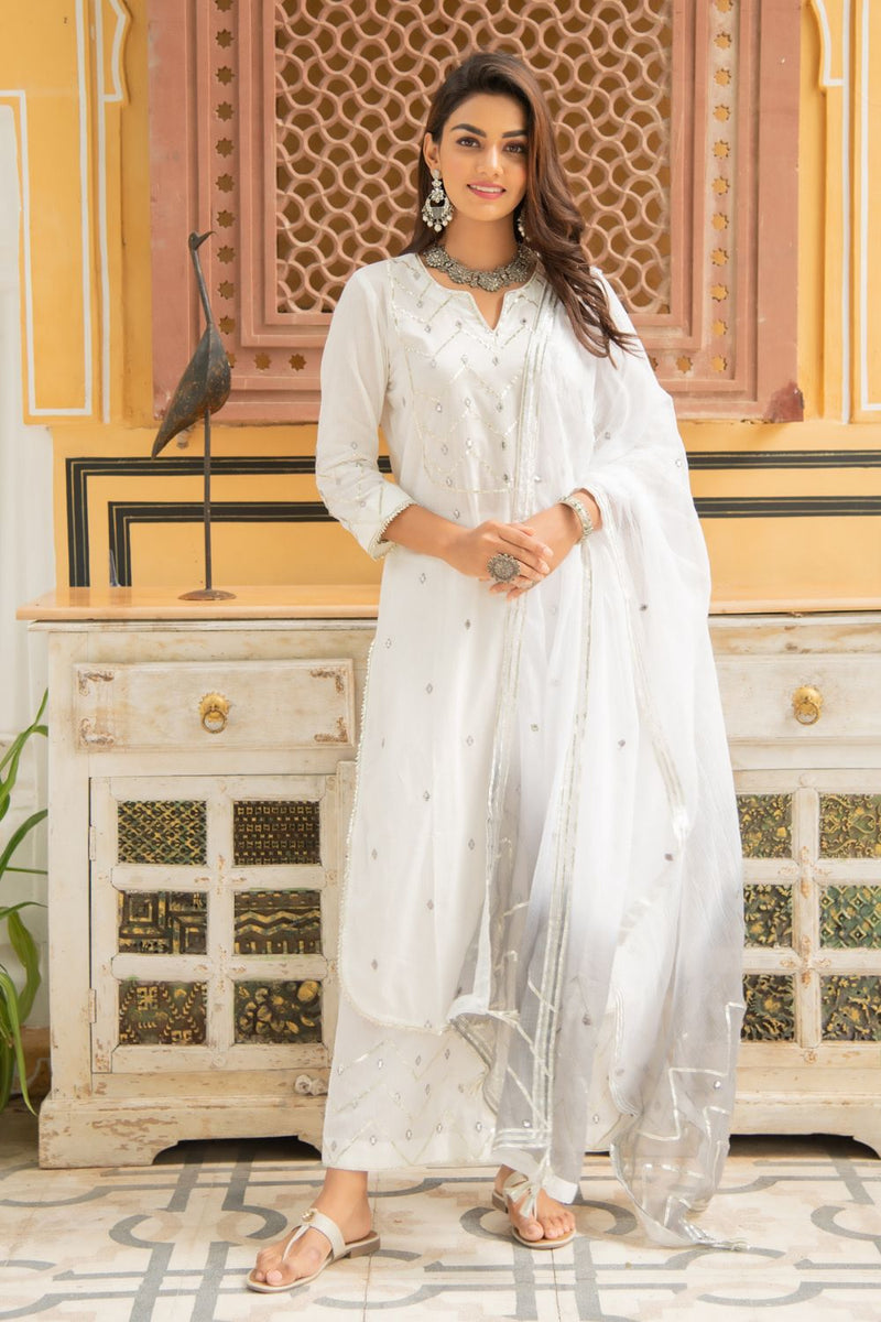 Noor Badli - White & Grey Gota Mirror Work Set Kurta Sets by Maison Shefali for women Worldwide