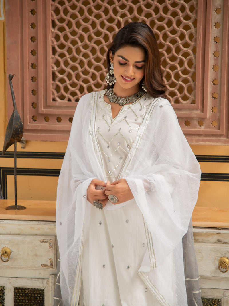 Noor Badli - White & Grey Gota Mirror Work Set Kurta Sets by Maison Shefali for women Worldwide