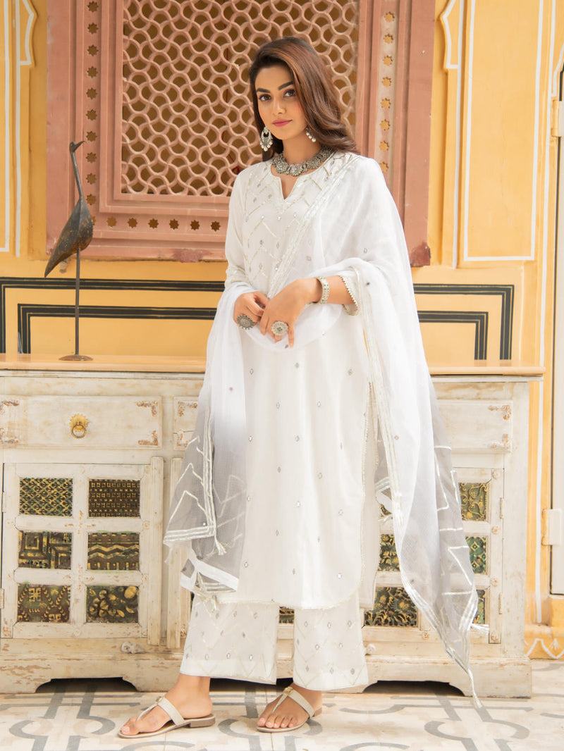 Noor Badli - White & Grey Gota Mirror Work Set Kurta Sets by Maison Shefali for women Worldwide