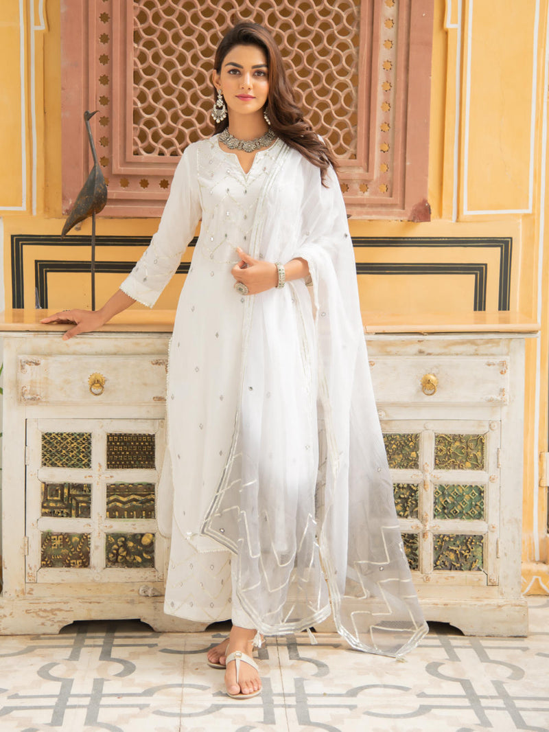 Noor Badli - White & Grey Gota Mirror Work Set Kurta Sets by Maison Shefali for women Worldwide