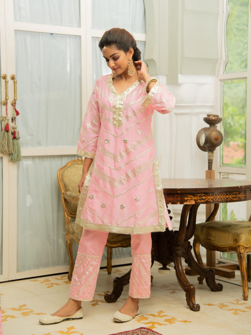 Noor Gulabari Gota Work Set Kurta Sets by Maison Shefali for women Worldwide