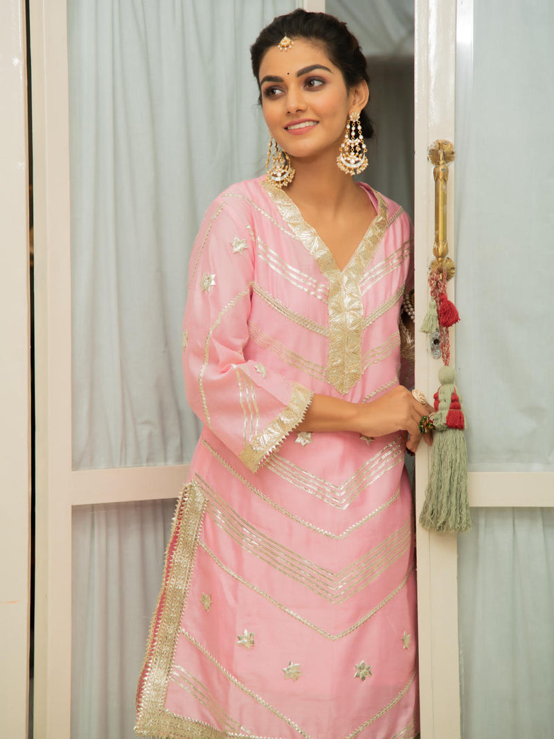 Noor Gulabari Gota Work Set Kurta Sets by Maison Shefali for women Worldwide