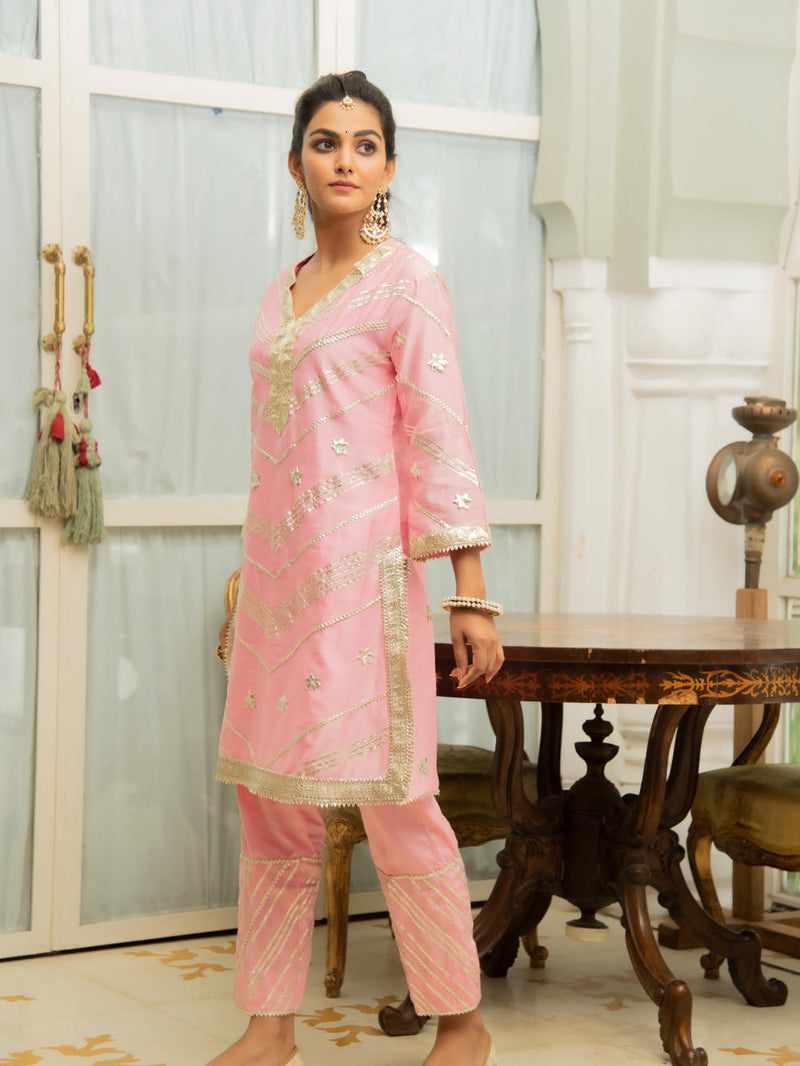 Noor Gulabari Gota Work Set Kurta Sets by Maison Shefali for women Worldwide