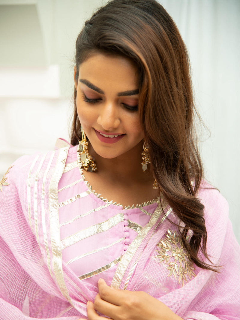 Noor Gulabi - Gota Work Kurta Set (Pink & Gold) Kurta Sets by Maison Shefali for women Worldwide