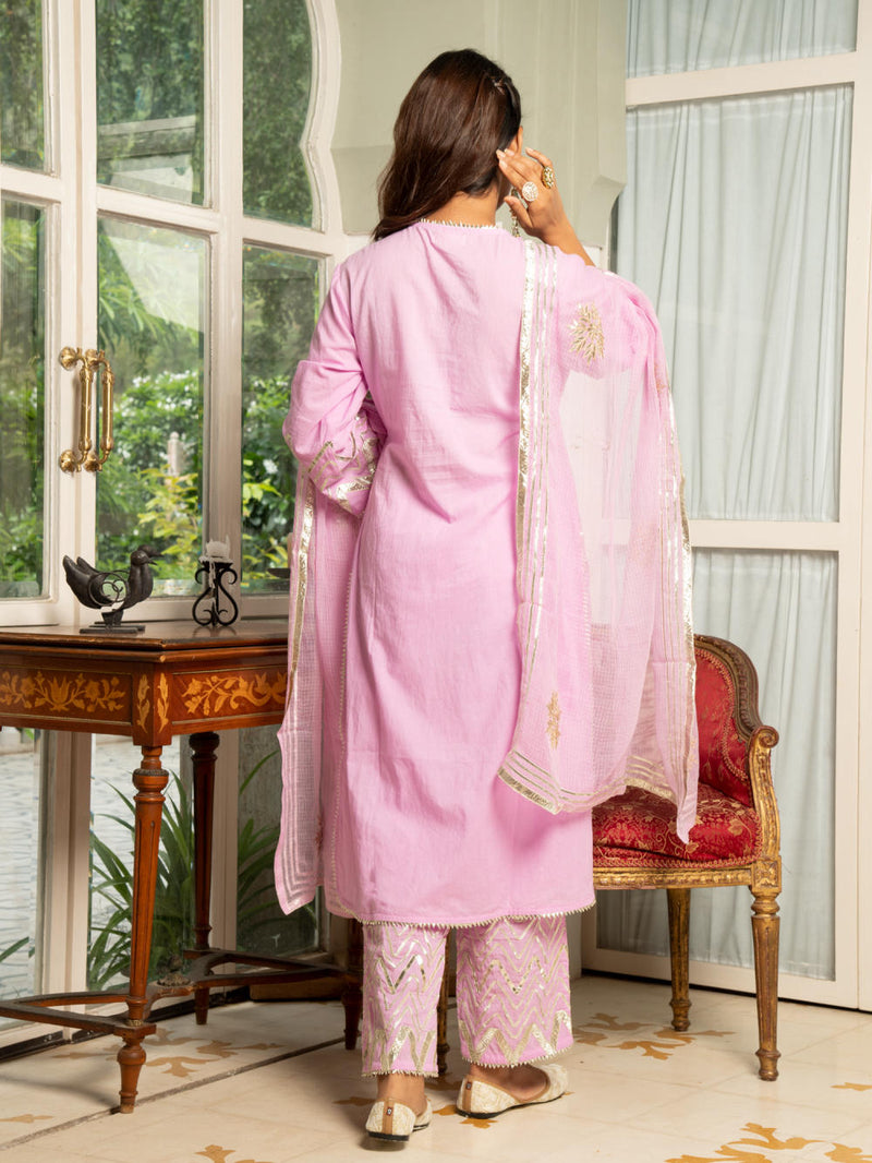 Noor Gulabi - Gota Work Kurta Set (Pink & Gold) Kurta Sets by Maison Shefali for women Worldwide