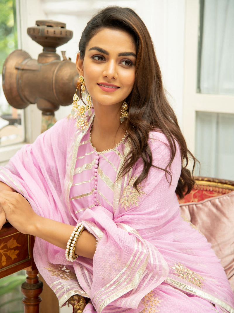 Noor Gulabi - Gota Work Kurta Set (Pink & Gold) Kurta Sets by Maison Shefali for women Worldwide