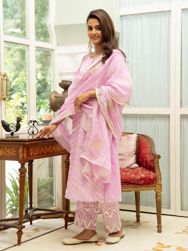 Noor Gulabi - Gota Work Kurta Set (Pink & Gold) Kurta Sets by Maison Shefali for women Worldwide