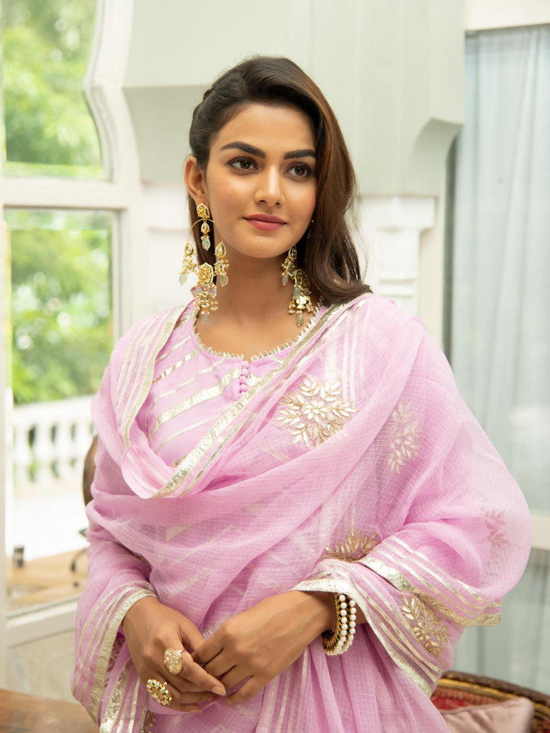 Noor Gulabi - Gota Work Kurta Set (Pink & Gold) Kurta Sets by Maison Shefali for women Worldwide