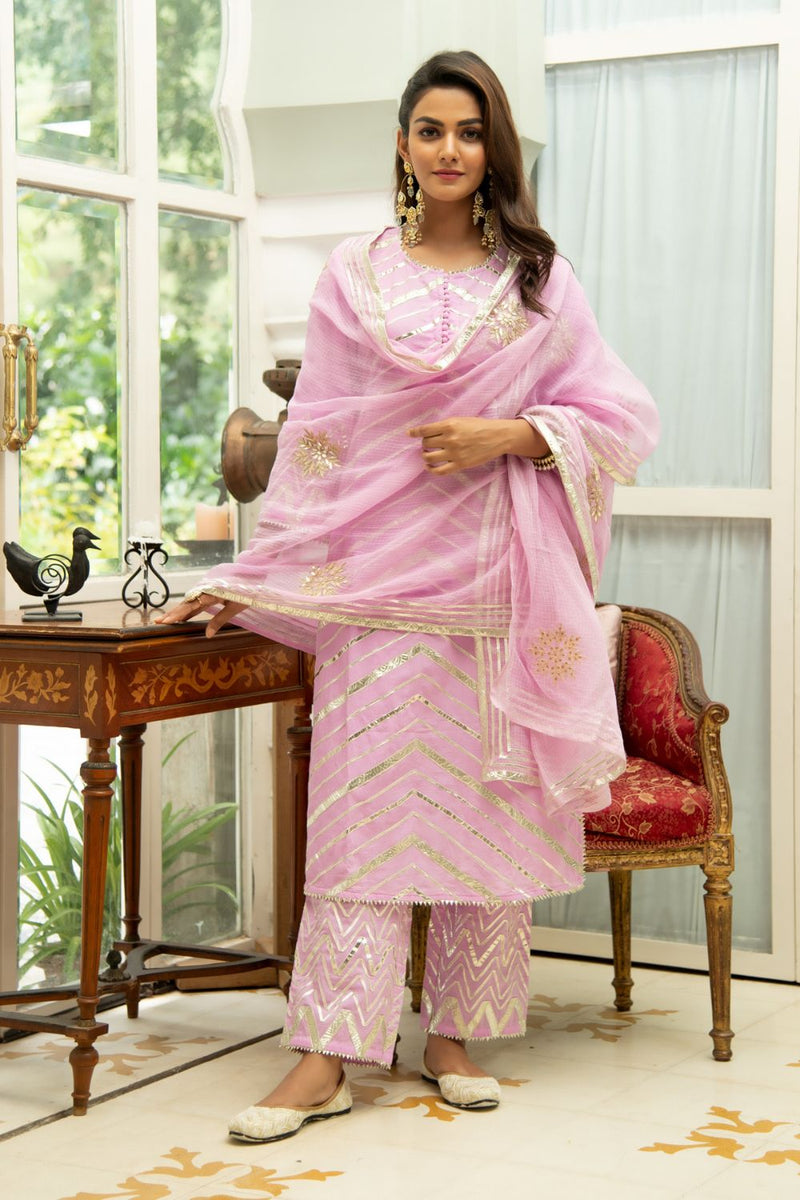 Noor Gulabi - Gota Work Kurta Set (Pink & Gold) Kurta Sets by Maison Shefali for women Worldwide