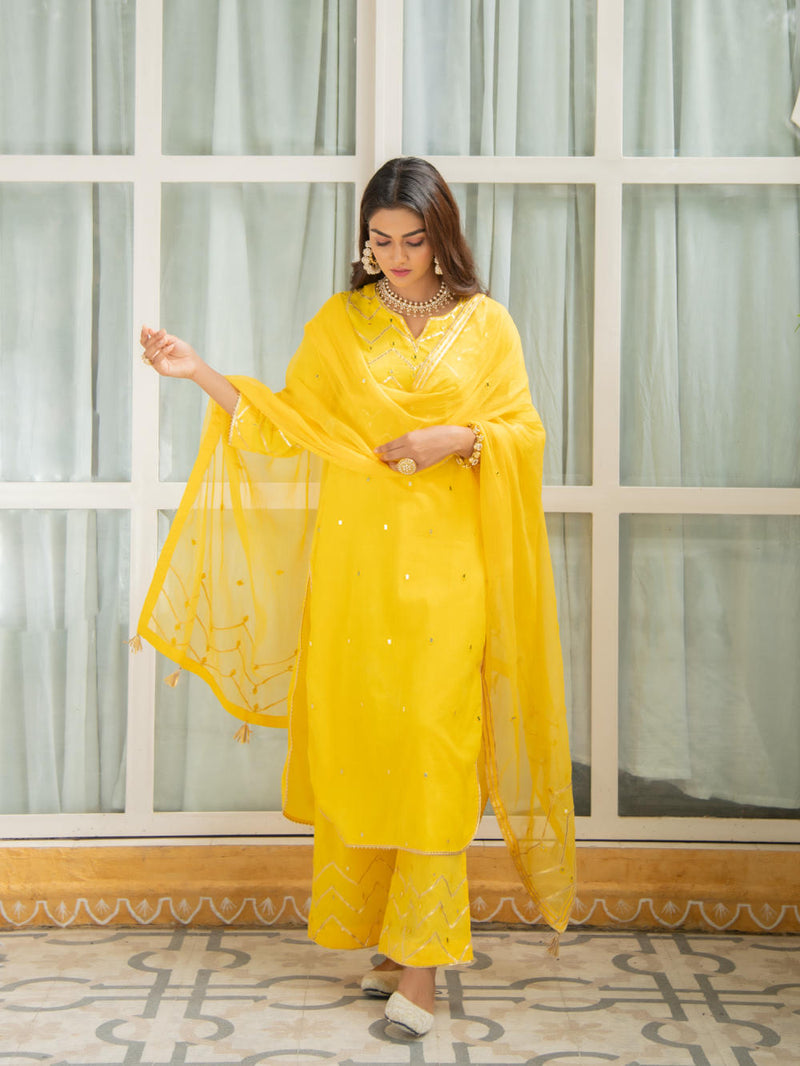 Noor Haldi - Gota Mirror Work Set Kurta Sets by Maison Shefali for women Worldwide