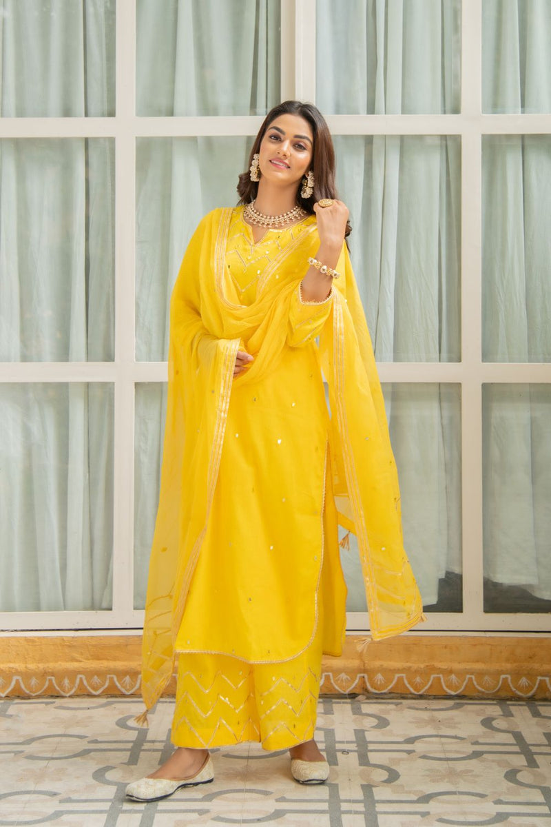 Noor Haldi - Gota Mirror Work Set Kurta Sets by Maison Shefali for women Worldwide