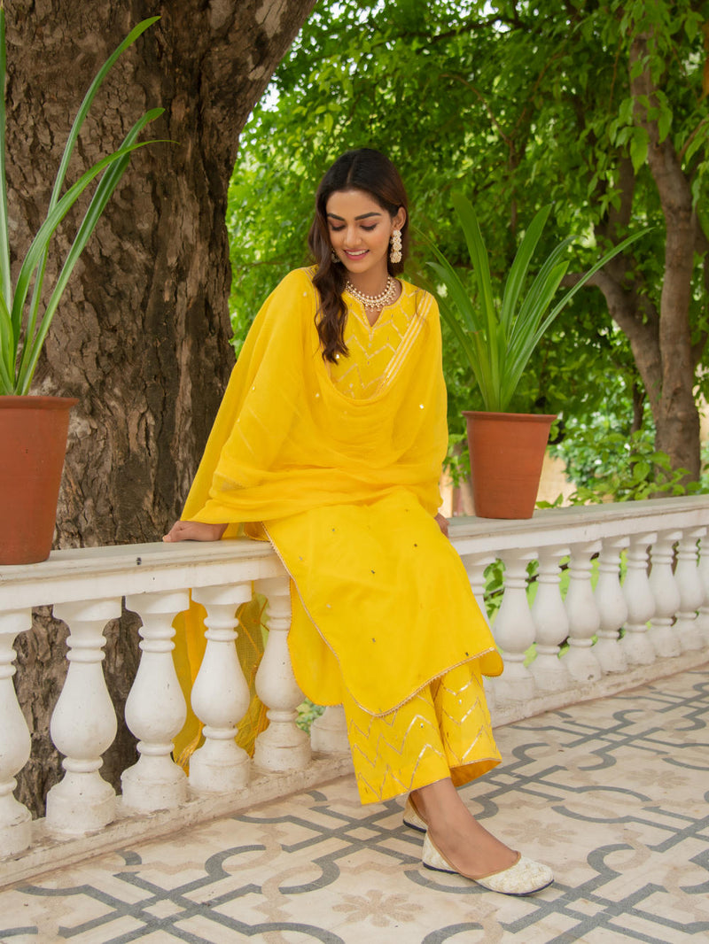 Noor Haldi - Gota Mirror Work Set Kurta Sets by Maison Shefali for women Worldwide