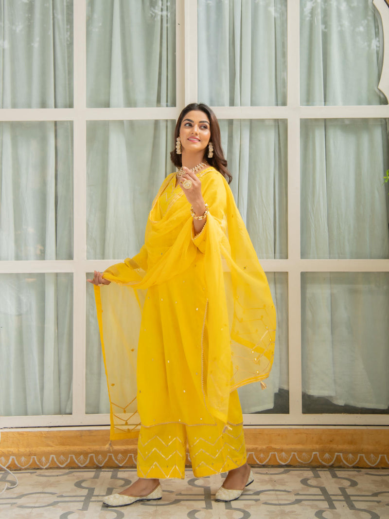 Noor Haldi - Gota Mirror Work Set Kurta Sets by Maison Shefali for women Worldwide